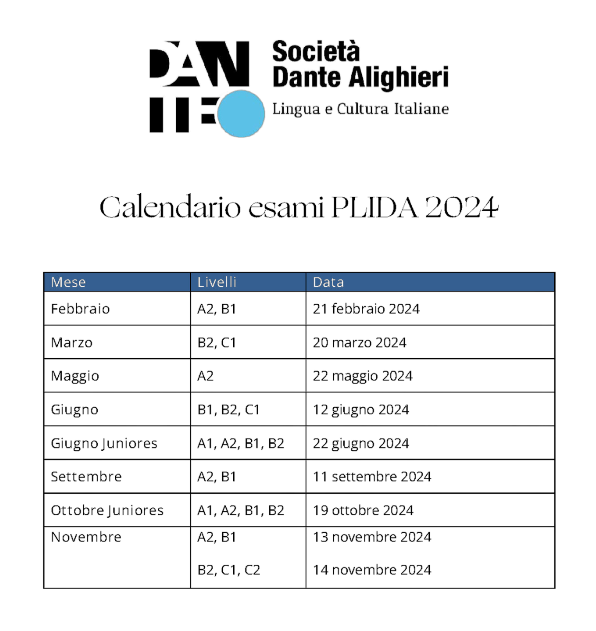 Calendario Esami PLIDA 2024